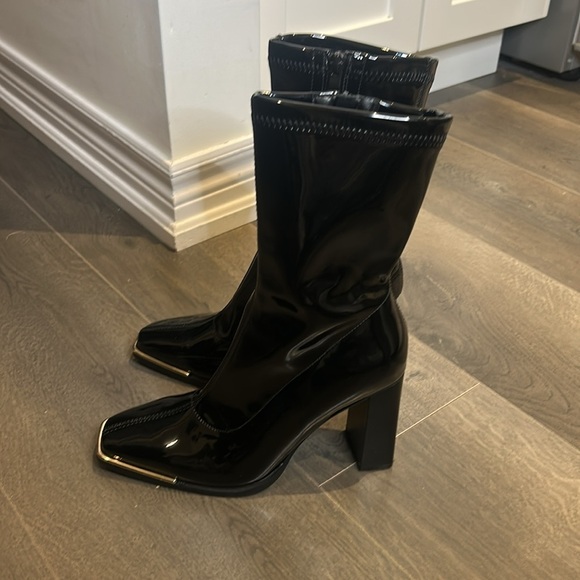 Faux Patent Leather Square Metal Toe Mid Calf Thick High Heels Go Go Boots - Picture 11 of 16